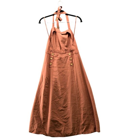 Topshop Apron Midi Dress Size 6 A-Line Halter Square Neck Clay Peach Minimalist - Picture 2 of 8